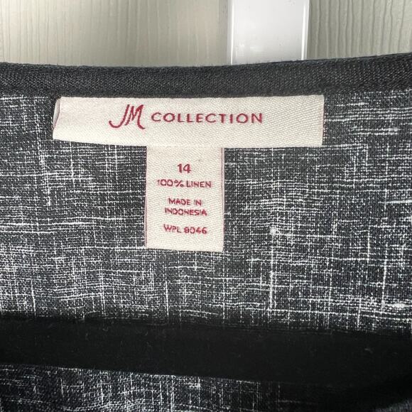 JM Collection Black Large White Floral Print V Neck Tunic Linen Blouse Size 14 - Picture 2 of 6